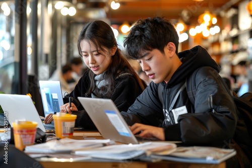 Focused students collaborate over laptops in a lively café, their academic determination mirrored in their serious expressions. Pair of scholars deeply engrossed in their study session © Thaniya
