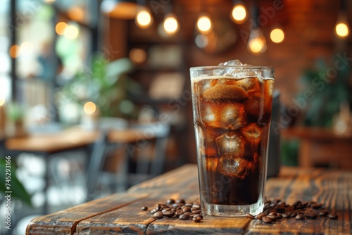 Iced coffee takes center stage on a rustic wooden table, with a café's ambient lights lending a cozy vibe to this refreshing scene. Chilled caffeinated drink in a tall glass, showcased on timber, photo