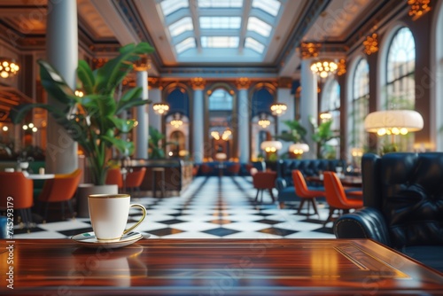 In a grandiose coffee house, an elegant cup rests on a polished table, with a luxurious interior stretching out beyond. refined setting of a spacious café is complemented by a single coffee cup,