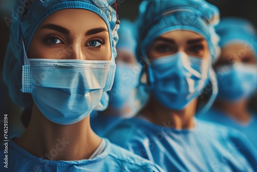 Medical professionals and protective masks stand poised, displaying teamwork in sterile hospital setting, eyes conveying dedication and expertise. preparedness in immaculate medical environment