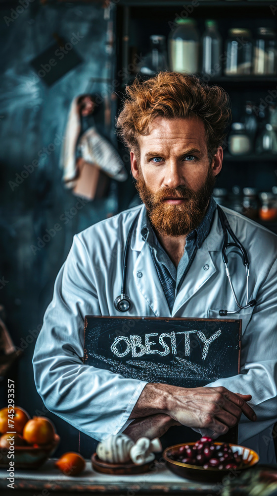 Medical professional in a lab coat holding a blackboard with obesity written in chalk, healthcare concept, focus on prevention and treatment of obesity