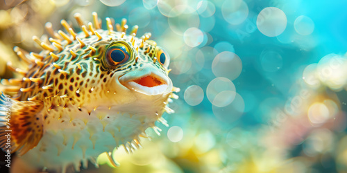 Puffer Fish Portrait, Ocean's Quirky Inhabitant. A macro close-up of a puffer fish, unique and textured features, copy space.