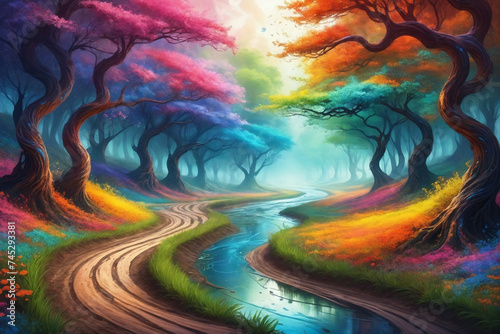 A diffuse array of colors spread like water, worlds appear within the swirls, a winding dirt road disappears amongst the trees