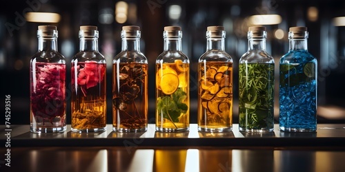 Various bottles of bitters and infusions lined up on a bar counter. Concept Alcohol, Mixology, Bitters, Cocktails, Bar Counter