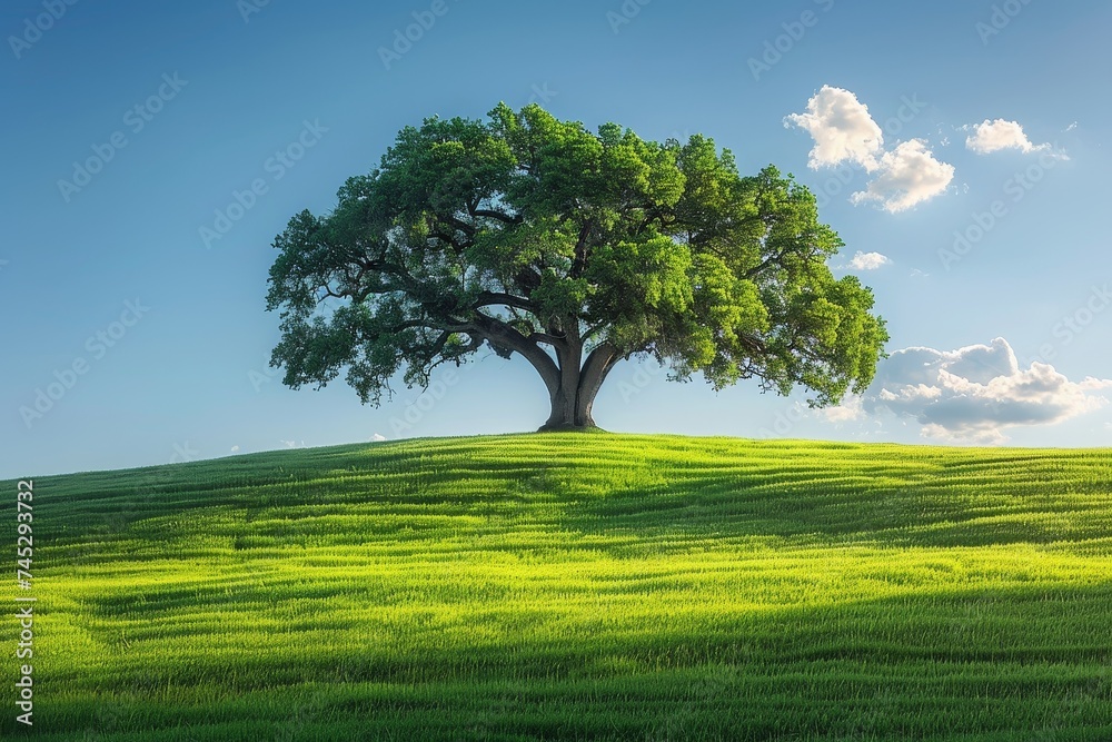 Obraz premium A solitary oak tree stands tall in a verdant field,a perfect symbol of strength and resilience in nature