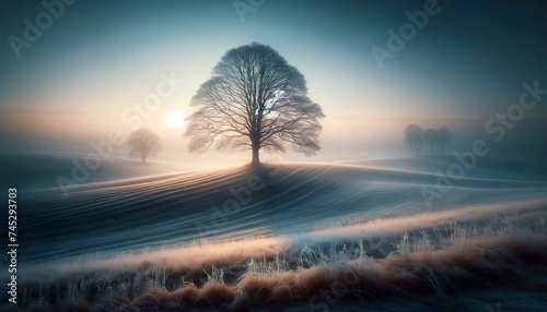 A serene winter landscape with a solitary tree on a frosted hill  soft sunlight piercing through mist  and distant trees shrouded in fog.Landscape concept.AI generated.