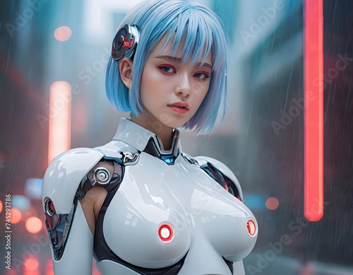 A woman with electric blue hair styled in bangs and a Hime cut is wearing a robot costume with wings, headphones, and a chest plate at an animated cartoonthemed event photo