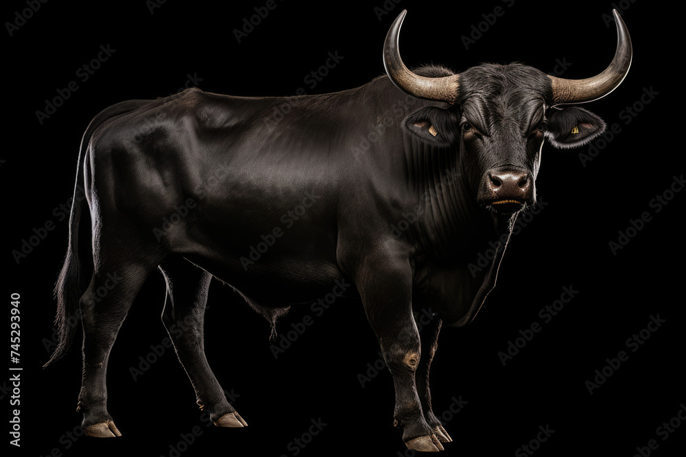 Naklejka premium Majestic Black Bull With Large Horns in the Dark