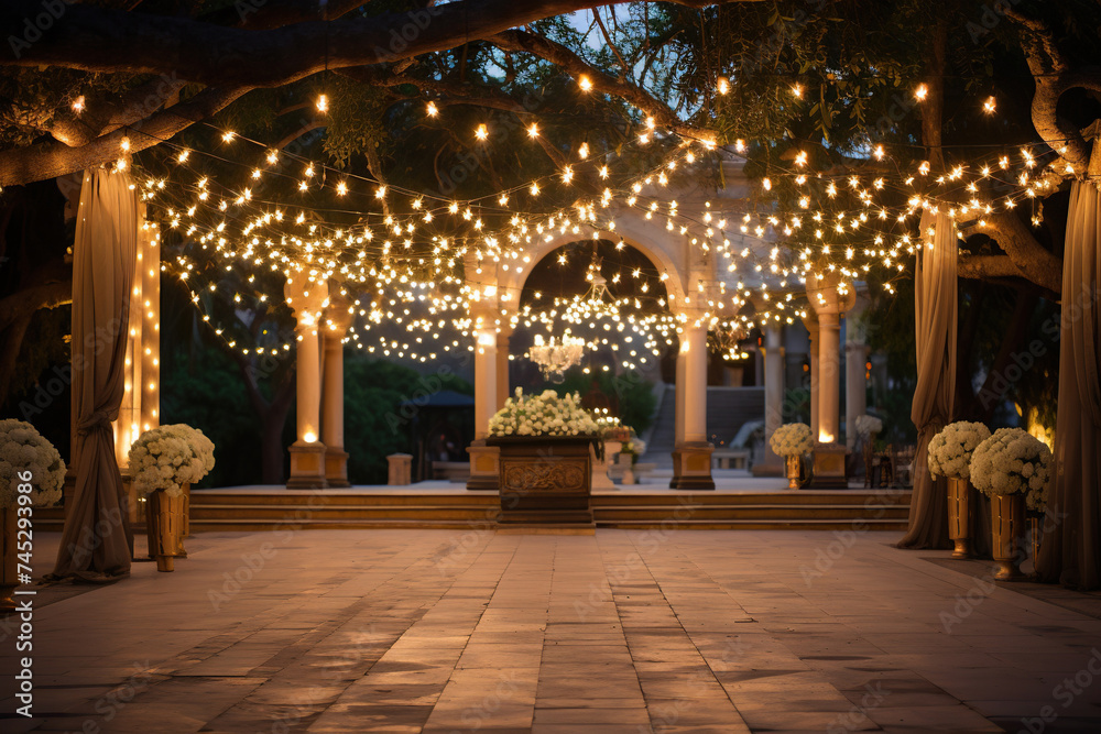 Obraz premium The territory of a luxury hotel with palm trees in beautiful evening lighting. Resort vacation concept. Generated by artificial intelligence