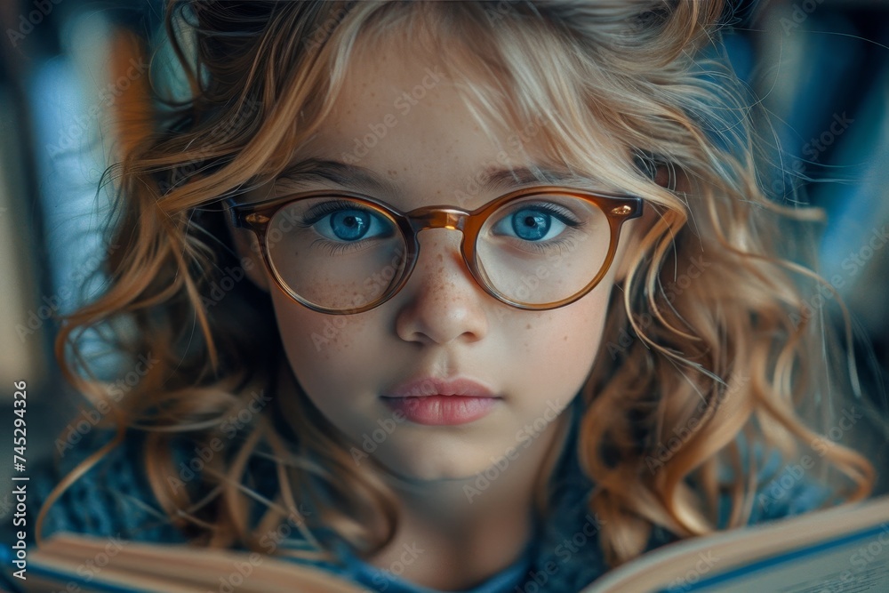 Close-up of a little girl reading, with focused eyes behind large glasses Close-up of a little girl reading, with focused eyes behind large glasses