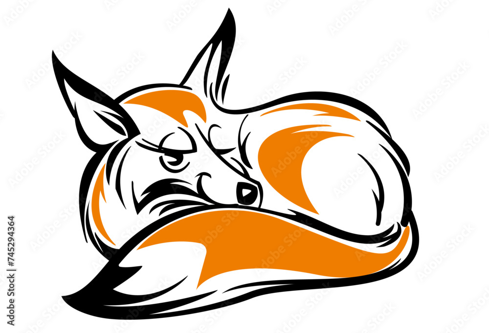 Obraz premium Fox illustration, sleeping fox with sly look with one of the eyes. Vector sticker, wall sticker two colors isolated on white
