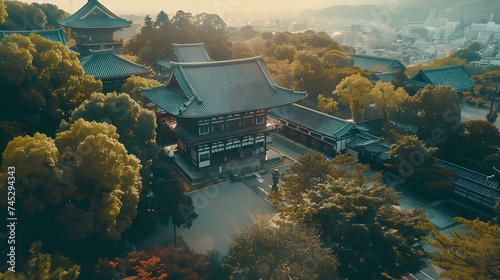 Majestic traditional asian temple amidst autumn trees, serene scenic view at sunrise. idyllic cultural landmark in misty landscape. tourist attraction. AI