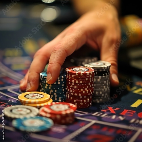 A detailed close up of a hand placing a bet with poker chips photo