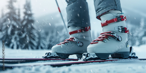 Ready to Ski: Close-up of Ski Boots on Fresh Snow. Skier's feet clad in modern ski boots, against a snowy backdrop with falling snowflakes. photo