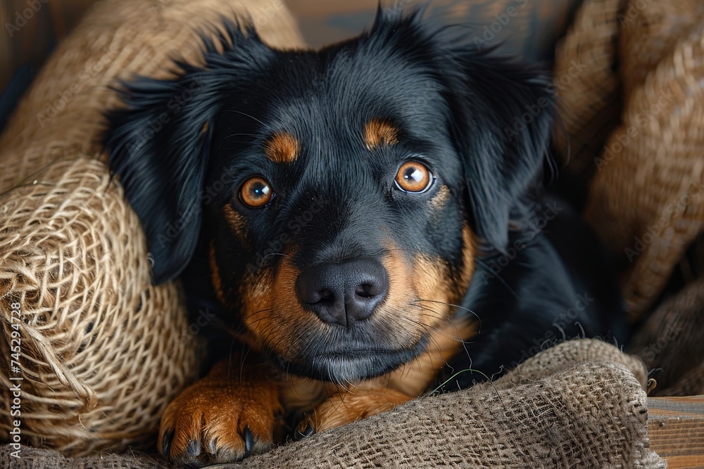 An adorable puppy with expressive eyes lies cozily on a textured woven surface, giving a glimpse into a moment of everyday joy and comfort An adorable puppy with expressive eyes lies cozily on a textured woven surface, giving a glimpse into a moment of everyday joy and comfort