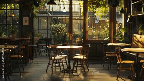 Cozy cafe interior at sunset with plants and wooden furniture. empty cafe waiting for customers. warm inviting atmosphere. ideal for dining concepts. AI