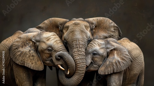 A family of elephants embracing each other with their trunks in a heartwarming display of love
