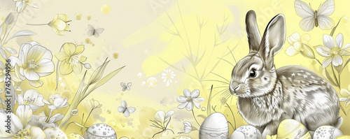 Elegant Easter Illustration with Bunny, Patterned Eggs, and Wildflowers