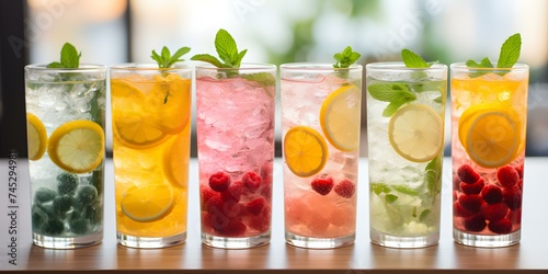Various sugarfree drink options including herbal teas and sparkling waters. Concept Herbal Teas, Sparkling Waters, Sugar-Free Drinks photo