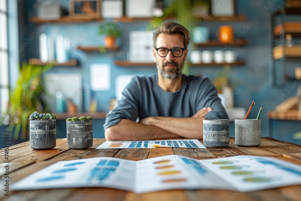A creative professional looks towards the camera in a modern office with design elements on the desk A creative professional looks towards the camera in a modern office with design elements on the desk