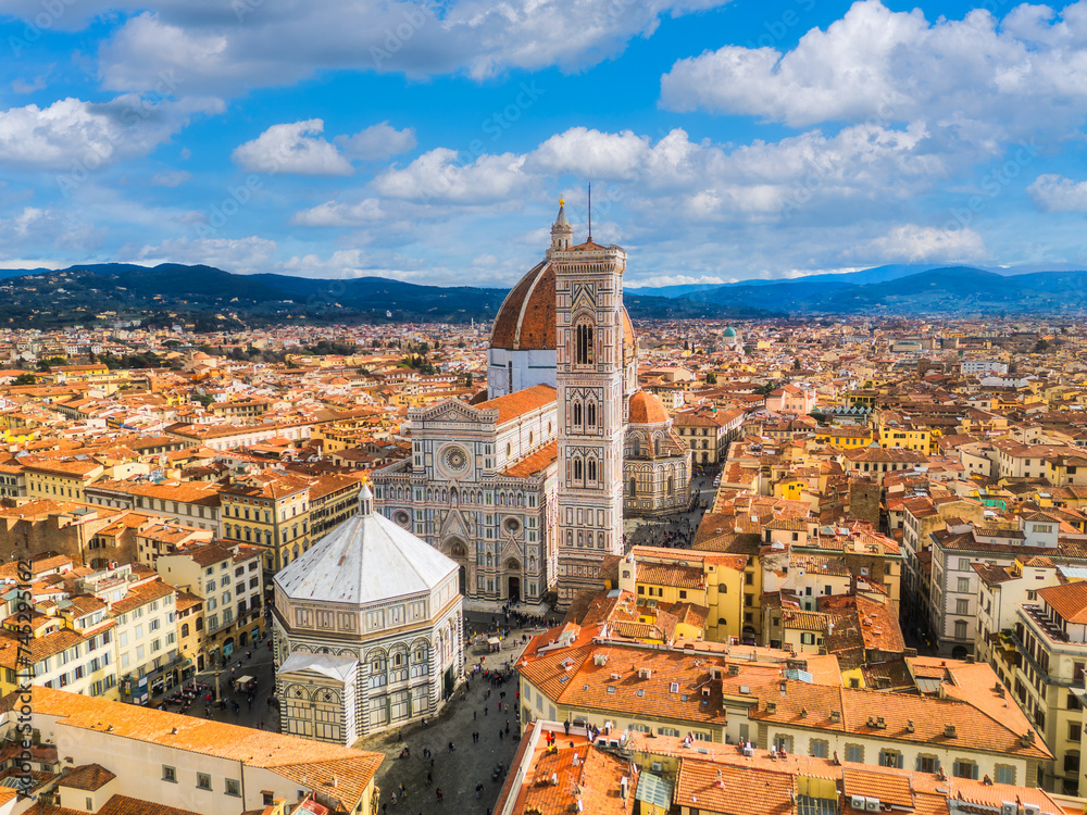 Aerial cityscape view on the dome of Santa Maria del Fiore church and old town in Florence