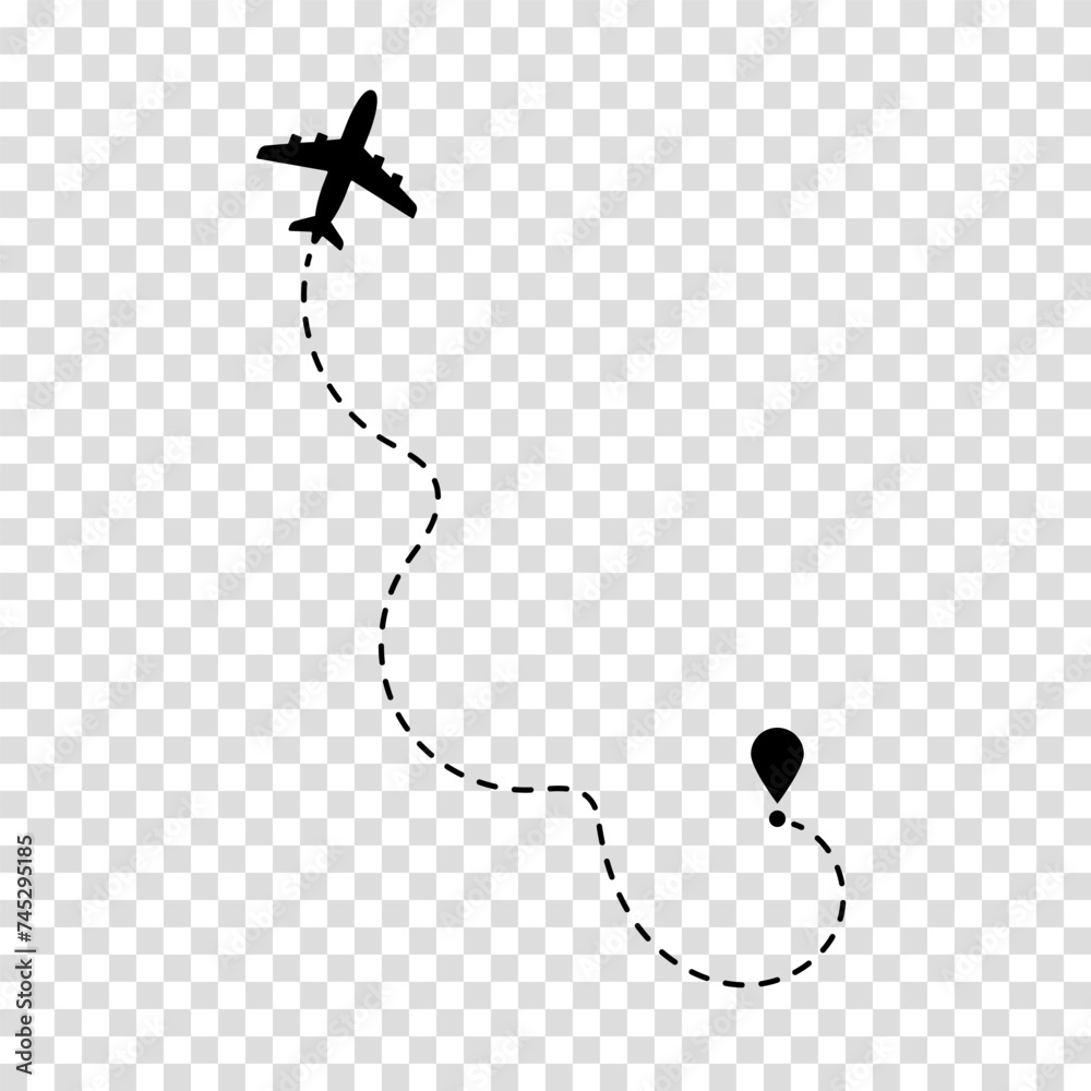 Airplane route plane path. Travel concept. Dotted path airplane. Aircraft tracking. Vector illustration on a transparent background. - obrazy, fototapety, plakaty 