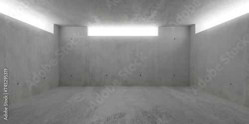 Abstract empty, modern concrete room with slim openings beneath the ceiling and rough floor - industrial interior background template