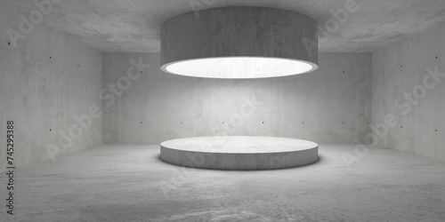 Abstract modern concrete room with round light shaft opening and podium, platform or dais on rough floor - industrial interior background template