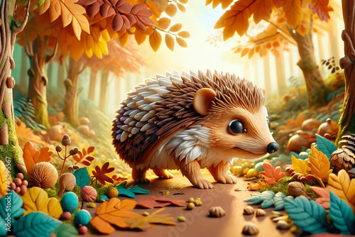 A happy hedgehog walking in a leafy autumnal forest