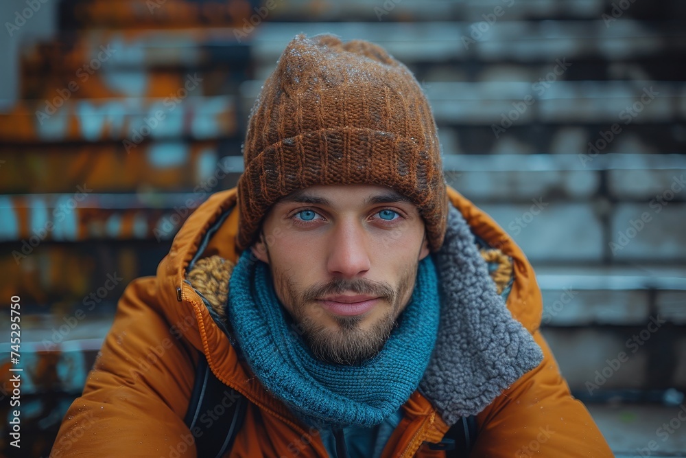 Handsome young man with blue eyes and beard wearing a beanie hat and winter jacket against an urban backdrop Handsome young man with blue eyes and beard wearing a beanie hat and winter jacket against an urban backdrop