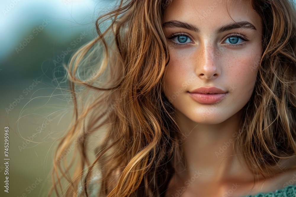 Close-up of a captivating young woman with stunning green eyes and natural makeup, surrounded by nature's beauty Close-up of a captivating young woman with stunning green eyes and natural makeup, surrounded by nature's beauty