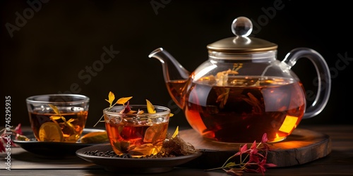 Teapot and Glass Cup Filled with Tea. Concept Teapot, Glass Cup, Tea, Hot Beverage, Relaxing Moment