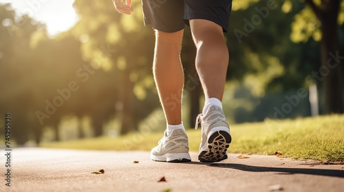 Close-up of someone's feet jogging on a sunlit path, with the focus on athletic shoes and the stride, epitomizing outdoor fitness