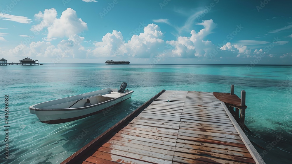 Obraz premium Serene tropical seascape with a docked boat under clear blue sky. tranquility and travel concept. ideal for relaxation and vacation imagery. AI