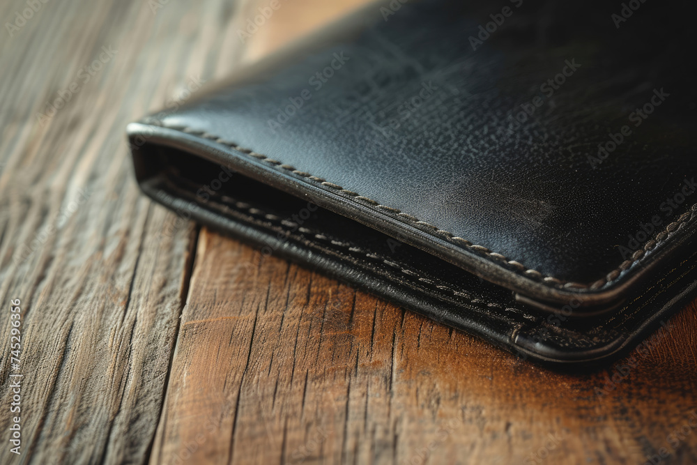 Black Leather Wallet on Wooden Table Black Leather Wallet on Wooden Table