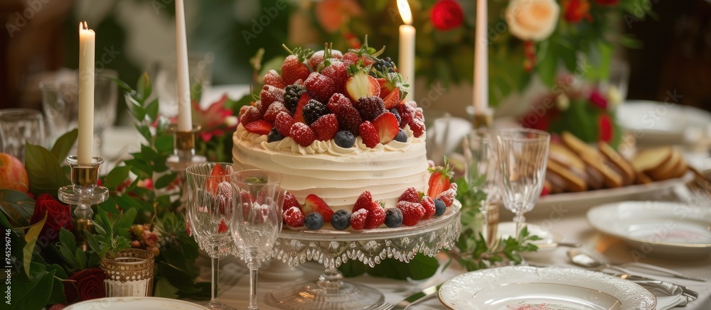 A decadent cake adorned with juicy strawberries and plump blueberries atop it, creating a vibrant and appetizing dessert option for a sweet celebration.