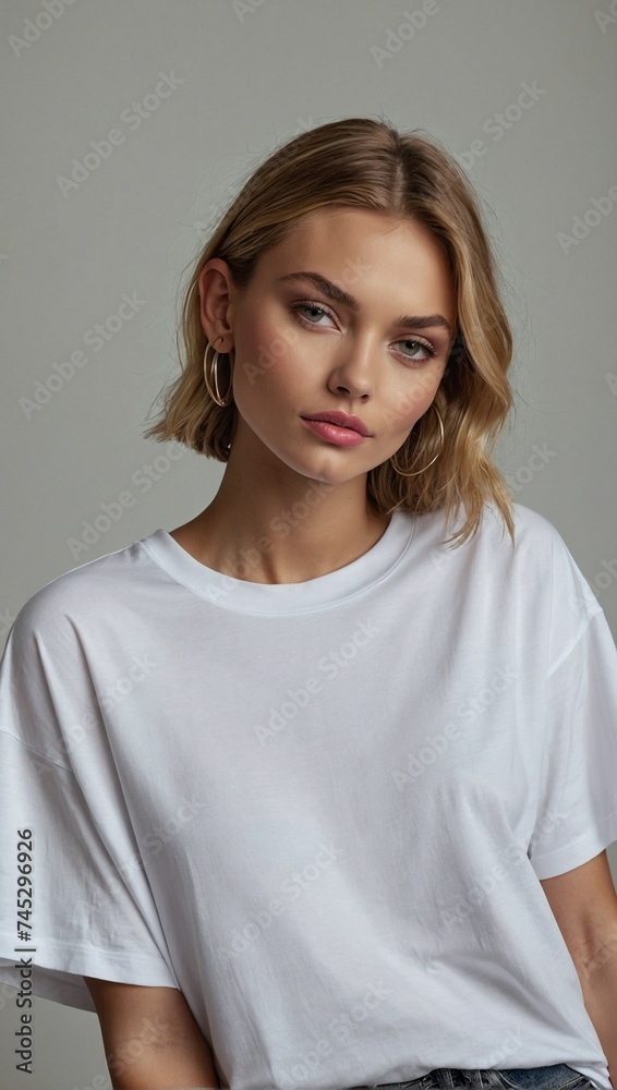 Beautiful model in oversized white t-shirt. Fashion and lifestyle concept. Urban style idea. Copy space. Beautiful model in oversized white t-shirt. Fashion and lifestyle concept. Urban style idea. Copy space.