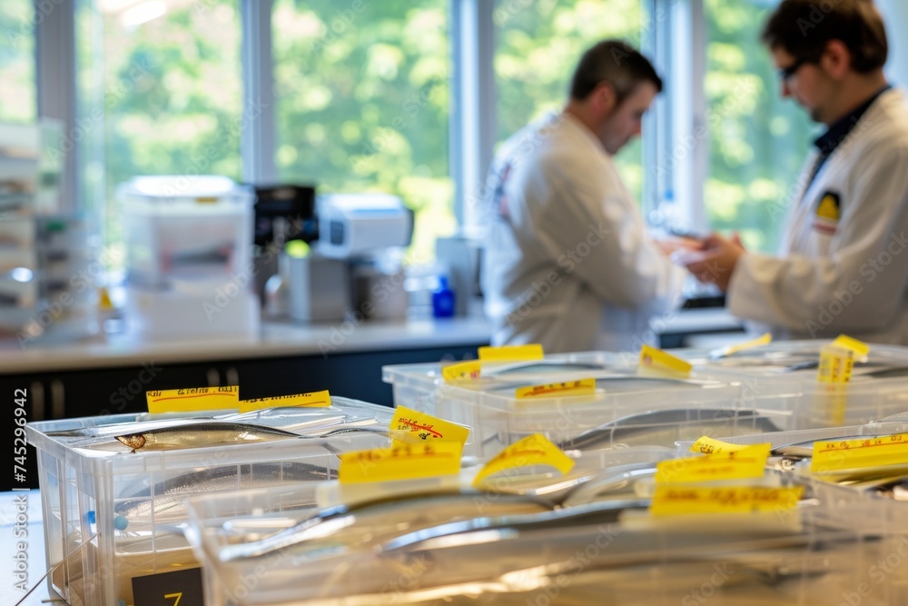 Blurred image of a fish laboratory with researchers, underscoring the ...