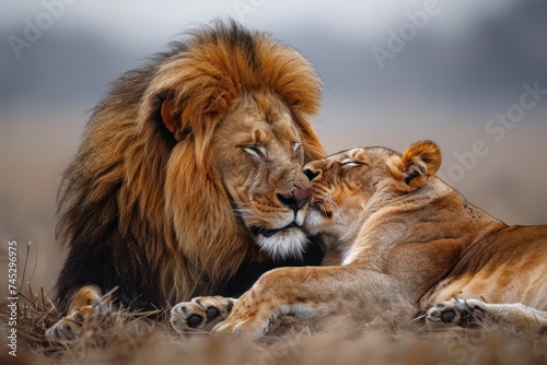 A majestic lion and lioness affectionately grooming each other in the savannah photo