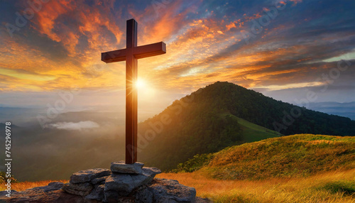 Christian Cross with Dramatic Sunset Background.