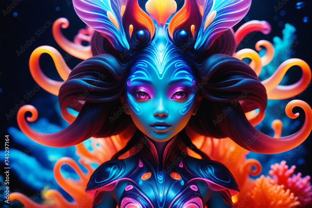 A surreal portrait of a very cute bioluminescent creature, surrounded by swirling patterns that gleam with colorful hues and neon-lit eyes