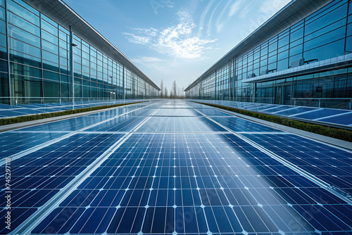Solar panels stretch towards the horizon in front of a glass-fronted modern edifice, symbolizing sustainable energy in contemporary architecture