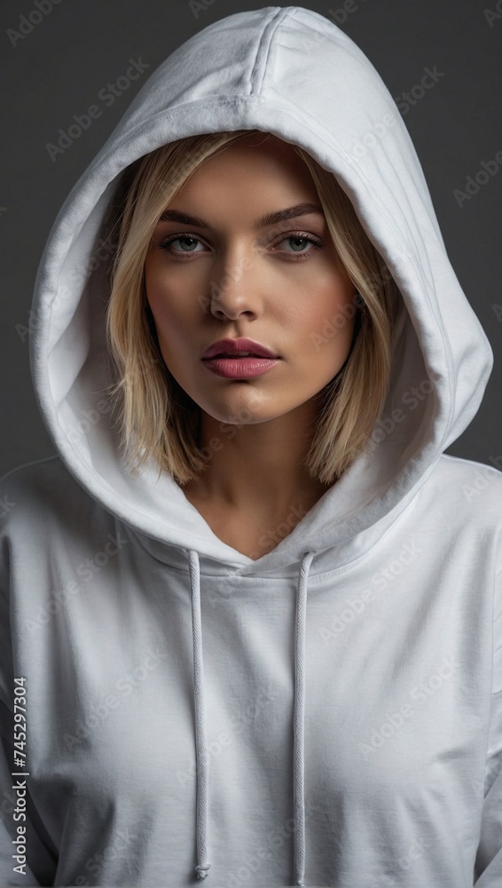 Beautiful model in oversized white hoodie. Fashion and lifestyle concept. Urban style idea. Copy space. Beautiful model in oversized white hoodie. Fashion and lifestyle concept. Urban style idea. Copy space.