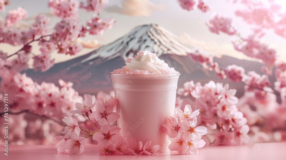 A delightful Sakura-flavored drink topped with cream, presented against the iconic Mount Fuji and cherry blossoms. A delightful Sakura-flavored drink topped with cream, presented against the iconic Mount Fuji and cherry blossoms.