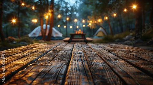 Wooden table on blurry tent  tent travel at night Concepts for product editing or important visual layout design.