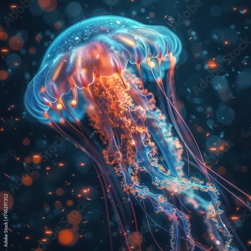 A monstrous jellyfish pulsating with electric energy in a digital ocean photo