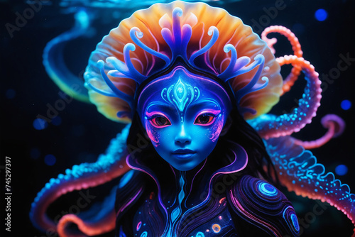 A surreal portrait of a very cute bioluminescent creature, surrounded by swirling patterns that gleam with colorful hues and neon-lit eyes