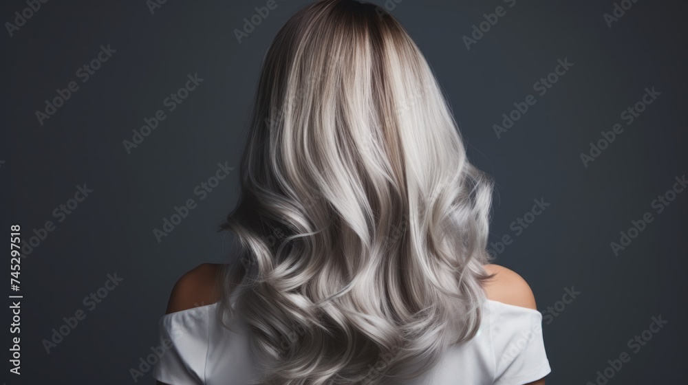 Fototapeta premium Beautiful hairstyle of a woman after dyeing hair and making highlights, isolated on a grey background.