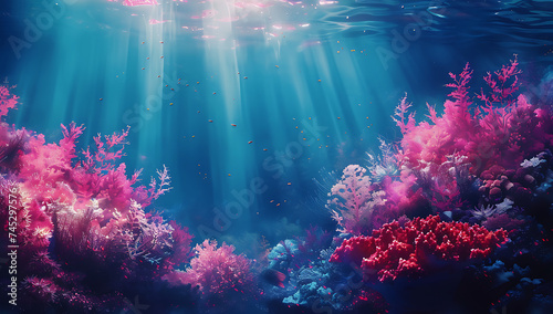 underwater diving in front of a coral reef sunlit sea