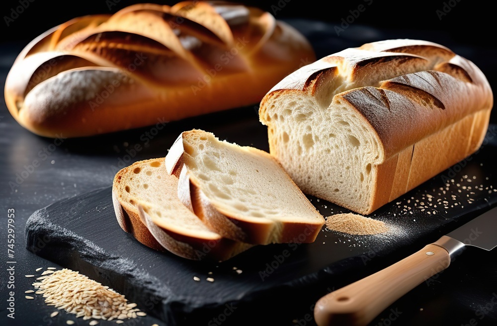 slide multi grain sourdough bread and sliced Baguette with Whole Wheat Flour on black stone background, 